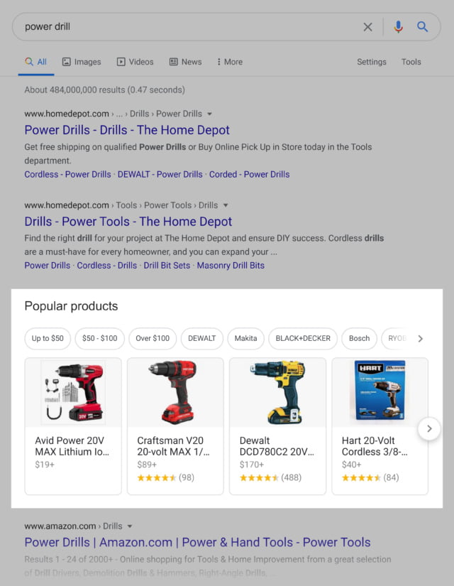 google shopping results